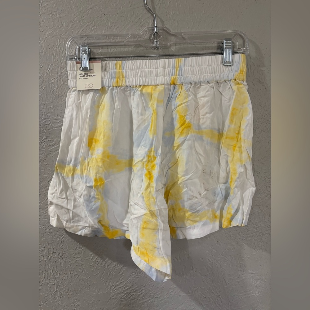 NWT CALIA by Carrie Underwood White/Yellow Swim board shorts unlined size S